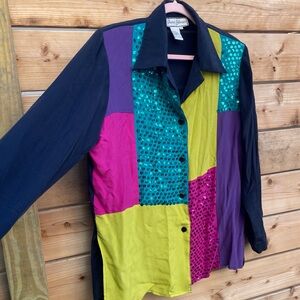 Diane Gilman Oversized Silk Bright Color Block Blouse
